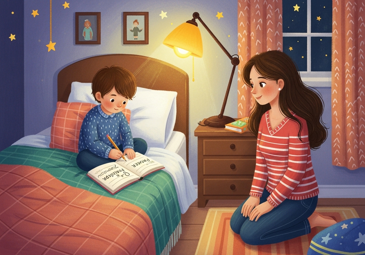 Mãe e filho usando o diário